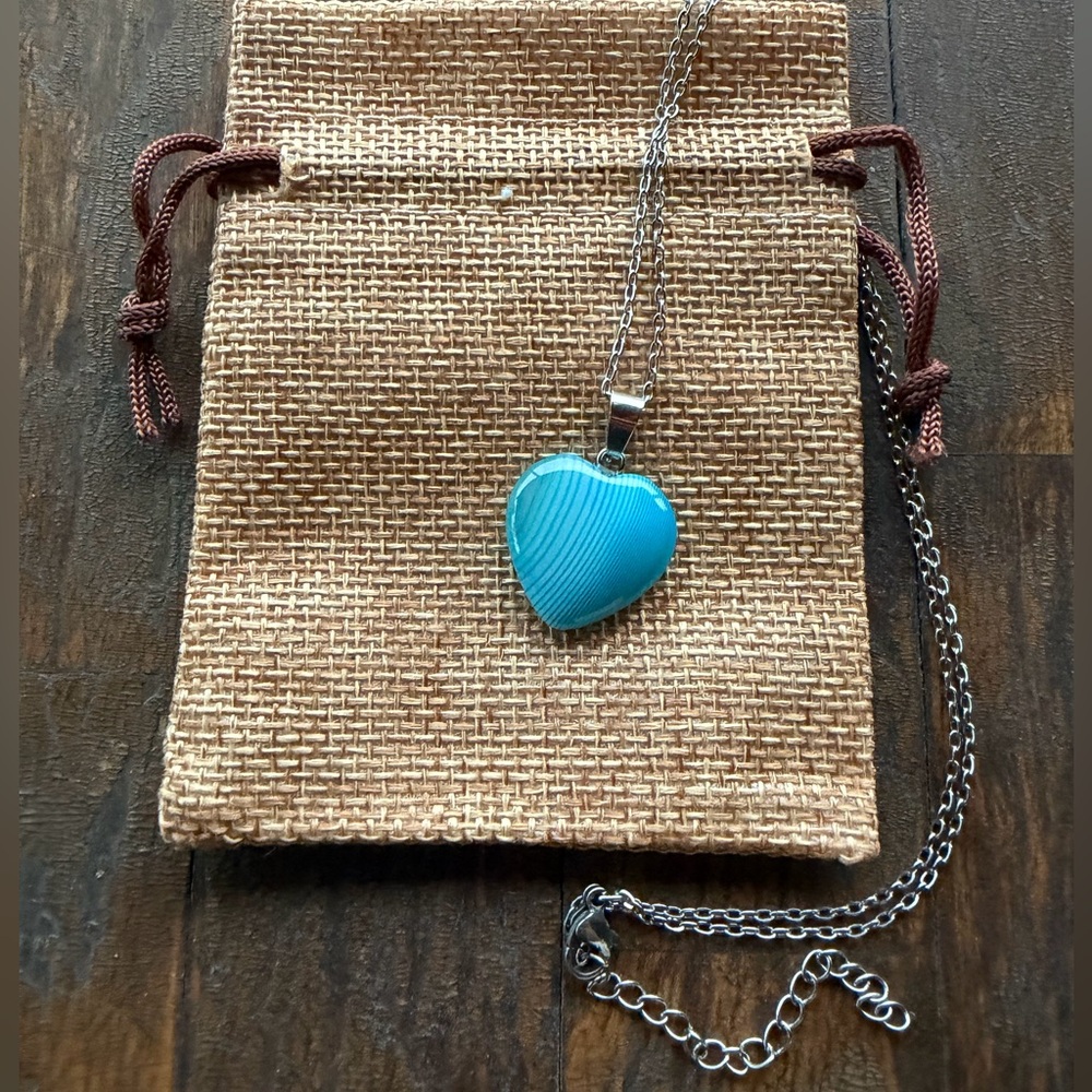 Blue Agate Heart Necklace Agate Pendant Crystal Heart Necklace